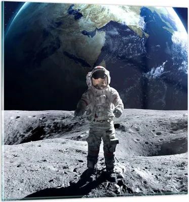Produktbild von Bilder auf glas - Astronaut Mond Erde Raum - 70x70cm - Glasbilder - Wandbilder - Kunstdruck - zum Aufhängen bereit - Wanddekoration aus Glas - Glas Bilder - Wandbild auf Glas - GAC70x70-2864