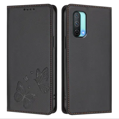 Produktbild von Lederhülle für OnePlus Nord CE 5G, Schmetterling Prägung Leder Brieftasche Schutzhülle mit Ständer Schwarz