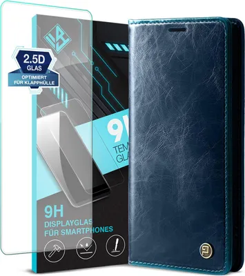 Produktbild von Handyhülle für Samsung Galaxy S25 Edge mit 9H Displayglas Kunstleder Klapphülle Vintage Cover Hülle RFID Schutz Case Kartenfach Farbe: Blau
