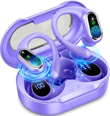 Obrázok produktu pre Bezdrôtové slúchadlá Bluetooth 2026, športové, 50 hodín výdrže, slúchadlá do uší s 4 mikrofónmi s potlačením hluku ENC, vodotesné (IP7), LED, fialová