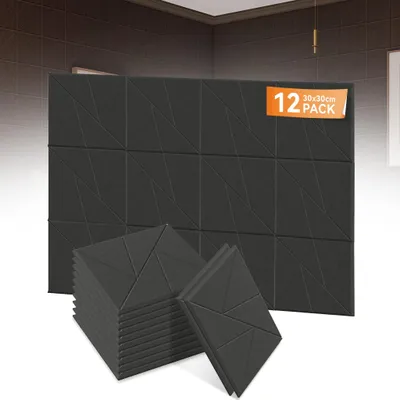 Obrázok produktu pre LZQ sada 12 štvorcových akustických panelov 30x30x0,9 cm samolepiace V-vzor zvuková izolácia čierna