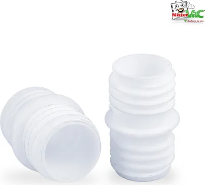 Two white, ribbed plastic hose connectors are shown against a white background. A logo is visible in the top right corner.