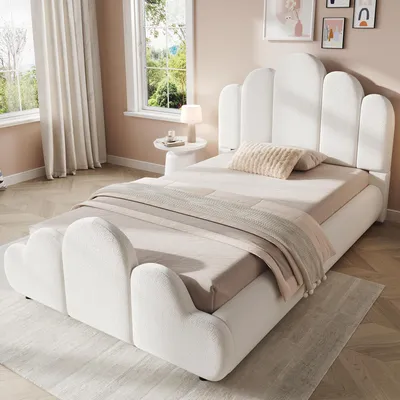 Produktbild von okwish Jugendbett 90×200 mit Kopfteil in Wolkenform, Kinderbett Schlichtes Design,bouclé,Polsterbett in Beige,ohne Matratze