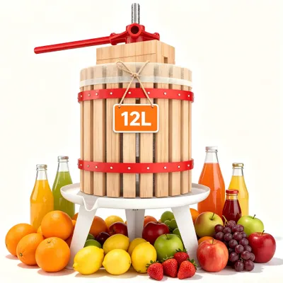 Image de YARDIN, pressoir manuel de 12 litres, idéal pour le vin, le jus de fruits et les conserves. Fabriqué en bois de chêne, livré avec un tissu de pressoir. Parfait pour une utilisation domestique, en jardinage et pour les amateurs de vin