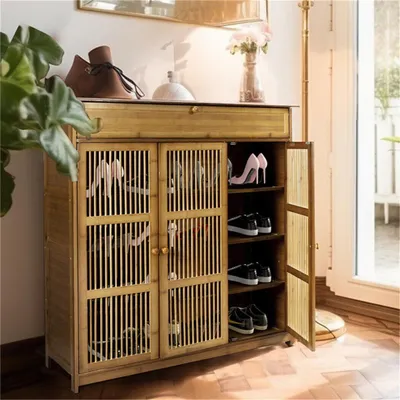Image de Armoire à chaussures - Rangement à chaussures - Meuble à chaussures - Meuble pour chaussures - Tiroir à chaussures - Armoire en bambou et en bois
