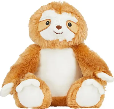 A plush toy sloth sitting upright against a white background.