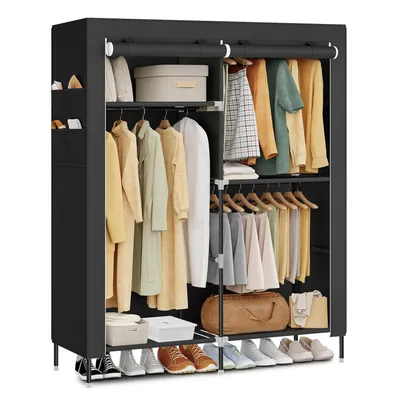 Produktbild von SONGMICS Stoffschrank mit Kleiderstange, Kleiderschrank mit Seitentaschen, Schrank für Schlafzimmer, 3 Hängefächer, schwarz