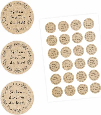 Produktbild von 24 "Schön, dass Du da bist!" Aufkleber - Floral Kraftpapieroptik - rund 4 cm Ø - Sticker Hochzeit Gastgeschenk