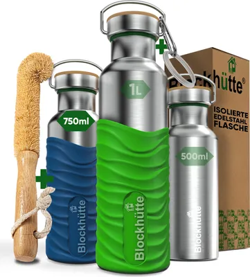 Produktbild von Blockhütte Wasserflasche Edelstahl Trinkflasche 750 ml Silikonhülle Auslaufsicher Sport