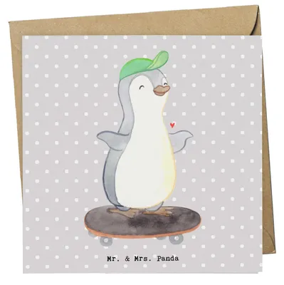 Produktbild von Mr. & Mrs. Panda Glückwunschkarte Pinguin Skateboarden - Grau Pastell - Geschenk, doppelkarte, Klappkarte, Skateboard, anlasskarte, fahren, Grußkarte, faltkarte, Skaten