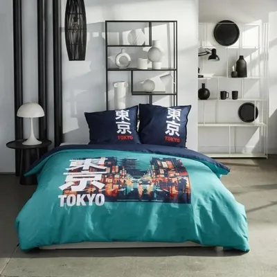 Image de Parure de Lit, 240x220 cm, Coton, Imprimé Tokyo, Turquoise, 2 Personnes, Today Java