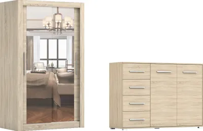 Produktbild von 2er-Set Schwebetürenschrank Schrank Kleiderschrank MILAN 120cm mit Spiegel und FRIDA Frida 01 2D4S , Breite: 135cm, Farbe: SONOMA/SONOMA