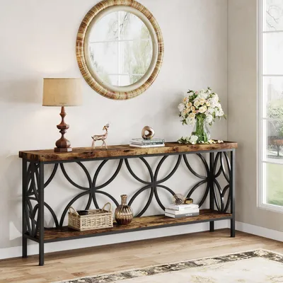 Image de Table console avec étagère, 160 cm, table d'appoint étroite, table d'entrée, couleur marron, dimensions : 160 x 29,5 x 80 cm