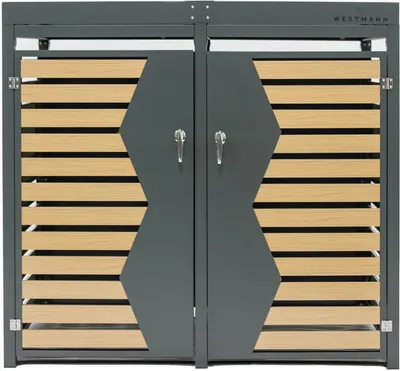 A front view of a double-doored trash can enclosure with wooden slats.