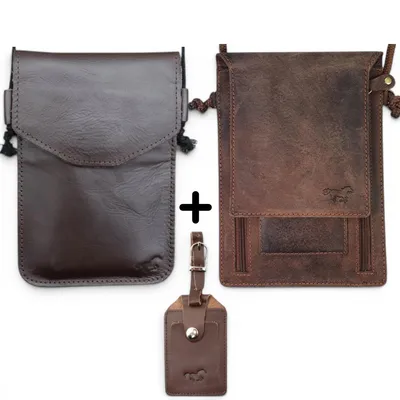 Produktbild von SafeKeepers Luxus-Reiseset (3-teilig) – 2x Leder-Brustbeutel und 1x Privacy-Kofferanhänger – Echtes Leder – Braun