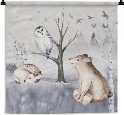 Produktbild von MuchoWow® Wandteppich Wandbehang Tiere - Winter - Hirsche 150x150 cm Tapisserie Dekoration Wandtuch - Wohnaccessoires - Modernes