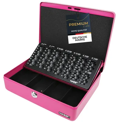 Geldkassette mit einem Euro-Münzzählbrett von HMF mit 30 cm Breite in Pink