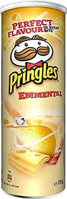 A Pringles Emmental flavor potato chip can with cheese imagery.