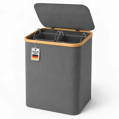 Produktbild von Roxlin Wäschekorb XXL 150L faltbar Bambus mit Deckel und 2 Fächern Grau