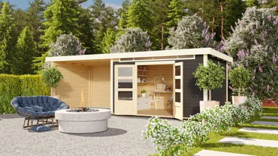 Produktbild von Karibu Gartenhaus Gerätehaus Kandern 7 im Set mit Anbaudach 3,2 m Breite und 28 mm Rückwand terragrau 655x244x222 cm
