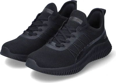 A pair of black Skechers Bobs Geo-New Aesthetics sneakers are shown against a white background.