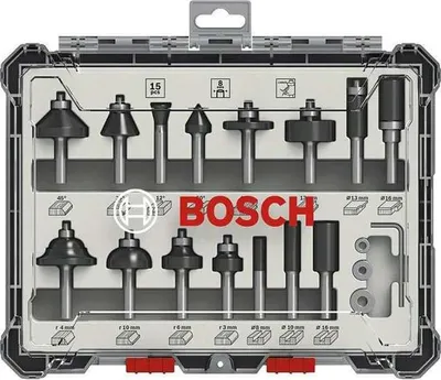Produktbild von Fräser-Set, BOSCH 2607017472, 15-teilig, 8 mm Schaft, Kompatibel mit Oberfräsen