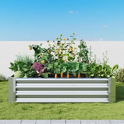 Immagine prodotto di Set per aiuola rialzata in metallo zincato, dimensioni 120x60x30 cm, colore argento, rettangolare, ideale per ortaggi, erbe aromatiche e fiori