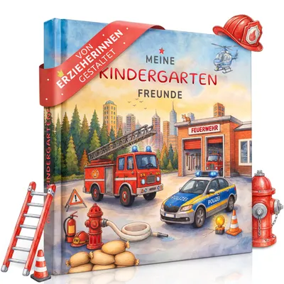 Freundebuch Kindergarten Feuerwehr, Hardcover mit Goldprägung, Feuerwehrauto und Polizeiauto