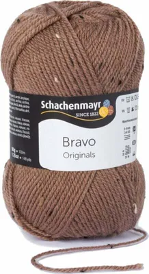 A ball of brown yarn with small flecks of lighter color, with a label wrapped around it.