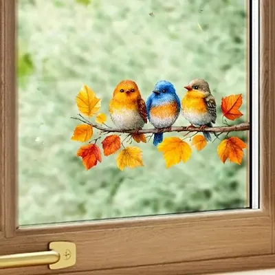 Produktbild von GKA Fensterbild 3 Vögel auf Ast Fensterfolie Fensteraufkleber selbstklebend ablösbar wieder verwendbar Fenster Aufkleber Meise Vogel Herbst
