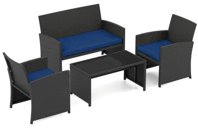 Productafbeelding van Rieten tuinmeubilair met kussens - blauw