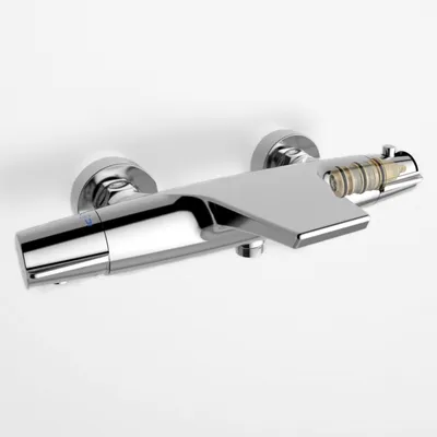 A chrome-finished shower faucet with a waterfall spout is mounted on a white wall.