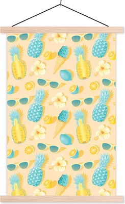 Produktbild von MuchoWow® Textilposter Sommer - Muster - Ananas - Sonnenbrille 60x90 cm mit holzfarbenen Rahmen - Textil