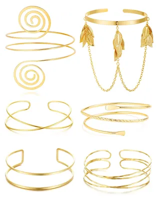 Image de Dailygoody - Bracelets pour le bras - Ensemble de bracelets pour le haut du bras - Bracelets en or 14 carats réglables - Bracelets élégants - Bracelets pour femmes - Lot de 6 pièces