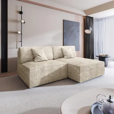 Produktbild von Masseno Ecksofa FIORO P mit Schlaffunktion L-Form, Sofa mit Bettkasten, Wohnzimmersofa, Couch, Soffa, Bettsofa, Couchgarnitur- Creme, POSO 100