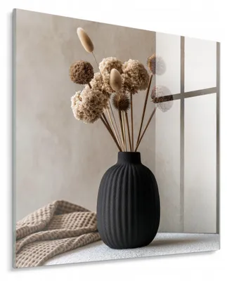 Zdjęcie produktu dla STYLER Obraz na szkle 30x30 cm czarna waza z suszonymi kwiatami boho beżowy dekoracja ścienna do salonu sypialni