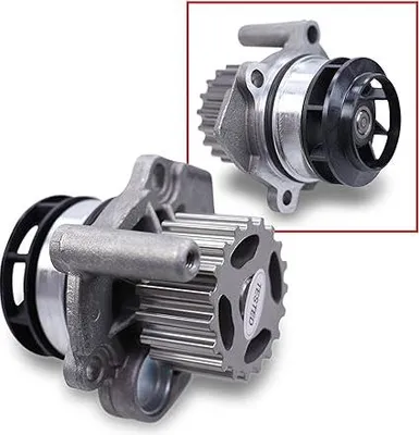 Two car water pumps are shown against a white background. One is in the foreground, and the other is in the background, framed by a red border.
