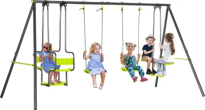 Image de Outsunny Balançoire portique pour enfant 4 agrès avec balançoire, nacelle face à face dim. 3,55L x 1,84l x 1,86H m métal époxy anticorrosion PE gris anthracite vert pomme