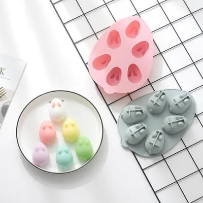 Produktbild von Blaue Silikon- und Puddingform mit 6 Vertiefungen zum Backen und Dekorieren, flexible 3D-Hasenform für Kuchen und Pudding