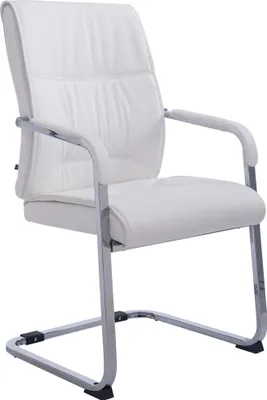 A white office chair with a chrome frame is shown against a white background.