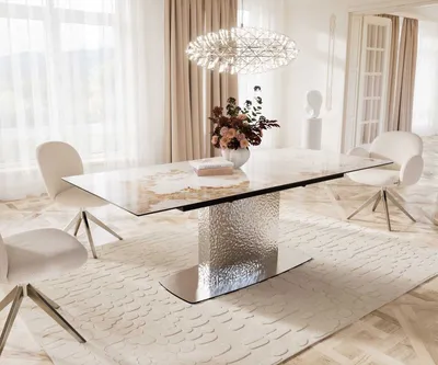 Produktbild von DELIFE Esstisch Edge 180-220x100 Keramik Minas Melange Weiß-Beige Wave Edelstahl ausziehbar