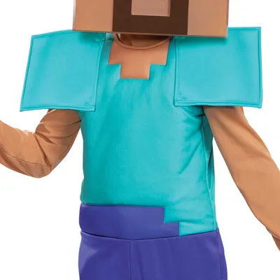 A child wearing a Minecraft Steve costume.