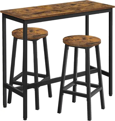 Productafbeelding van Bartafel set met 2 barkrukken - Ontbijtbar - Industrieel stalen frame - Rustiek bruin en zwart