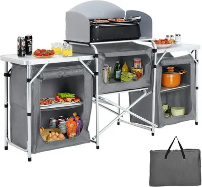 Produktbild von Campingküche Faltbar, Tragbarer Campingschrank mit Aluminiumgestell, 3 Schränkfach & Abnehmbare Platte, Outdoor Campingküche Schrank für Picknick, Reisen, Strand, Grau, 175×40×110 cm
