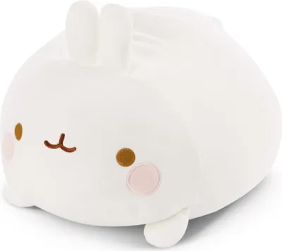 A white plush toy rabbit with brown eyes and pink cheeks, lying on a white surface.