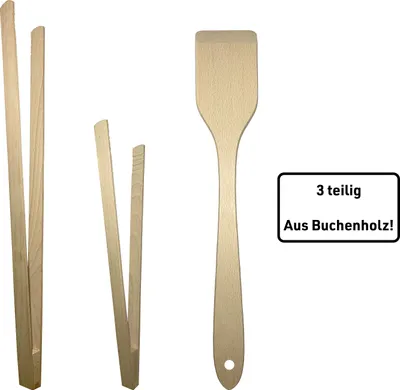 A set of three wooden kitchen utensils, including two tongs and a spatula, displayed against a white background.
