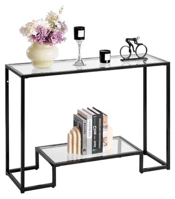 Produktbild von 2-stufiger Konsolentisch moderner rechteckiger Flurtisch (107 x 35,4 x 75,5 cm) mit gehärteter Glasplatte, Sofa-Beistelltisch mit Kippschutz für Wohnzimmer, Flur und Eingangsbereich