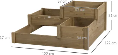 Zdjęcie produktu dla Skrzynka na warzywa Outsunny, podwyższona, 3-poziomowa, doniczka na zioła na taras i balkon, drewno jodłowe, brąz, 122 x 122 x 51 cm