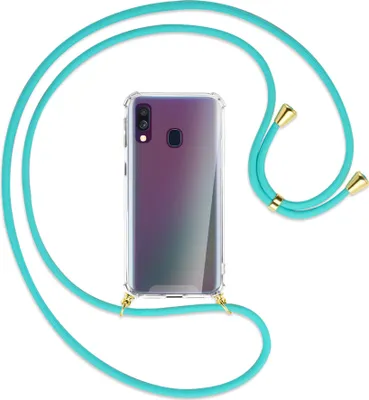 Produktbild von Handykette Backcover-Schutzhülle mit Band (Metall goldfarben) für Samsung Galaxy A40 - türkis