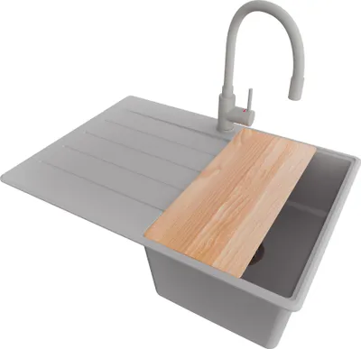 Produktbild von PRIMAGRAN Granitspüle Grau 70x50cm, Spülbecken 1 Becken + Küchenarmatur 38x14cm + Ablauf-Set + Schneidebrett, Küchenspüle ab 40er Unterschrank - Kopenhagen